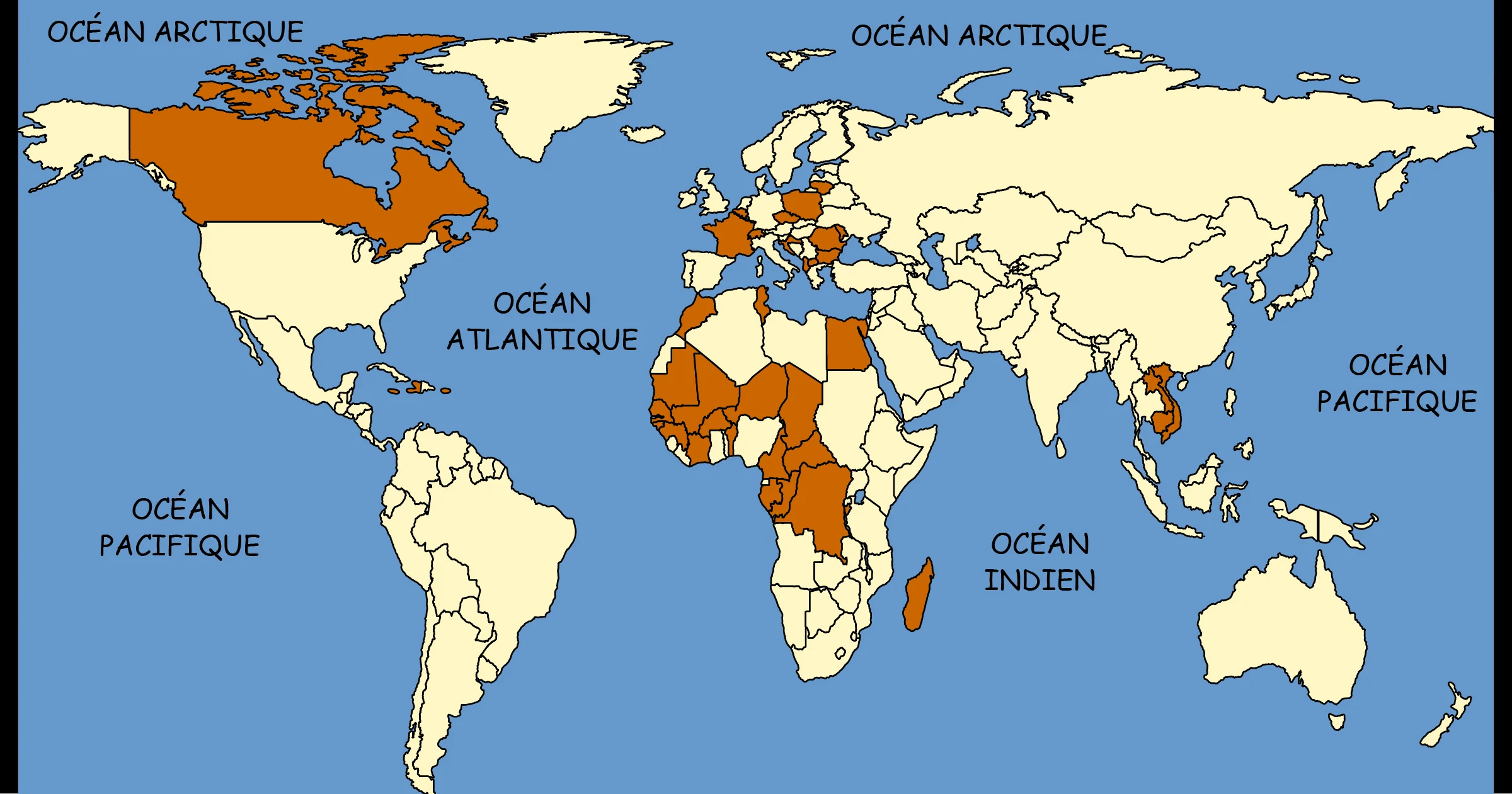 A world map highlighting French-speaking countries in shades of orange and brown.